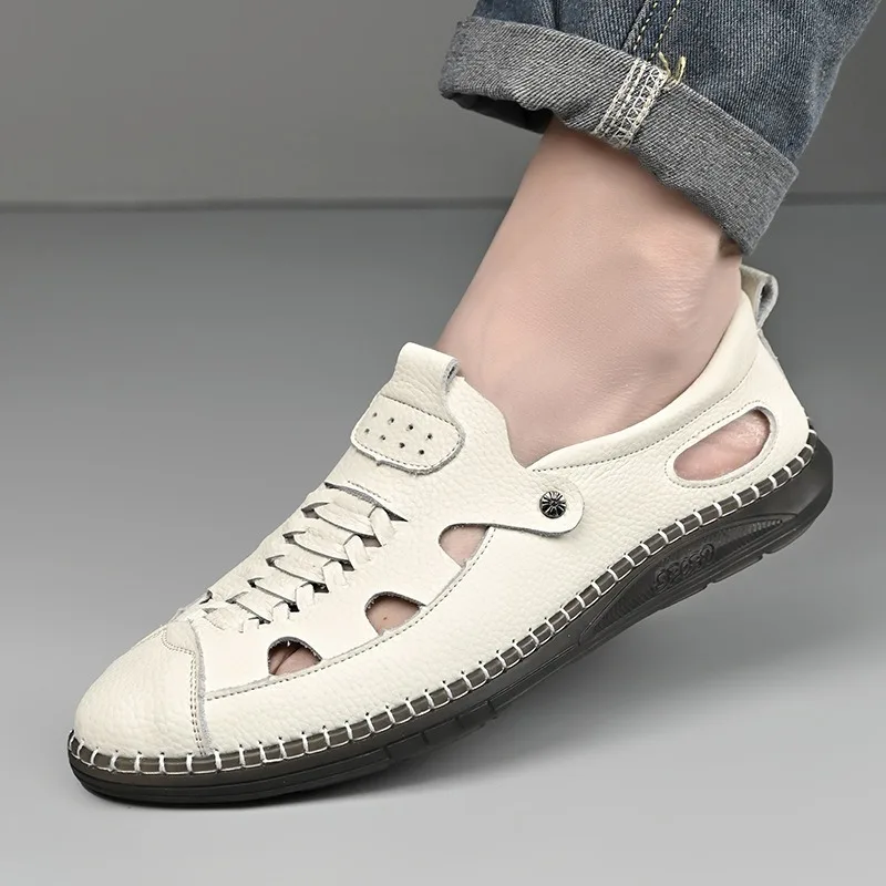 

Hollow Out Leather Shoes for Men Fashion Handmade Cowhide Leather Sandal Outdoor Casual Sport Sandals Men's Beach Sandalias 2025