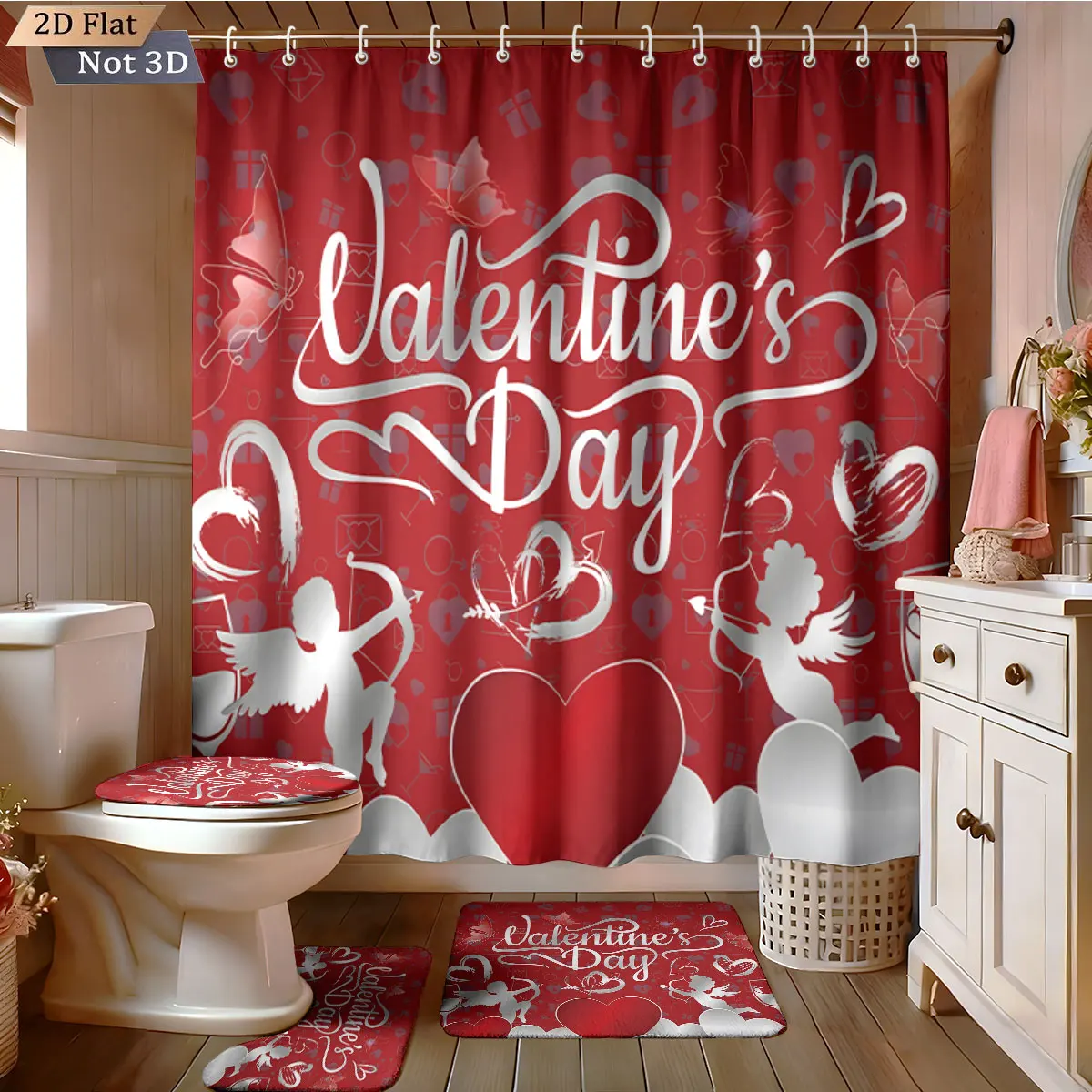 4-teiliges Valentinstag Romantisches Liebes-Motiv Badezimmer-Set 180x180 Wasserdichter Duschvorhang Bodenmatte Toilettenteppich U-förmiger Teppich