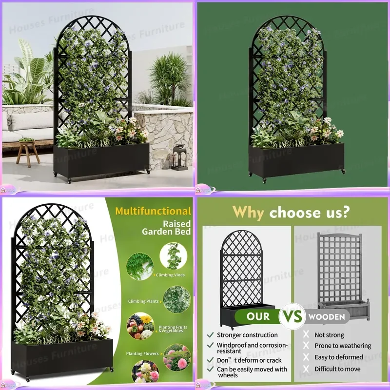 Round Metal Flower Pot Box 4 Wheel Raised Garden Bed with Lattice Privacy Screen for Climbing Plants Vegetables Vines Outdoor