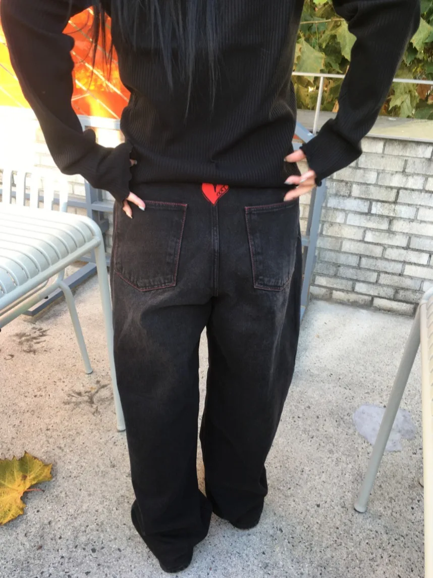 Rétro américain Ba coeur imprimé ample jambe large jean décontracté pantalons longs femmes Chic automne hiver Denim pantalon Fem Faion