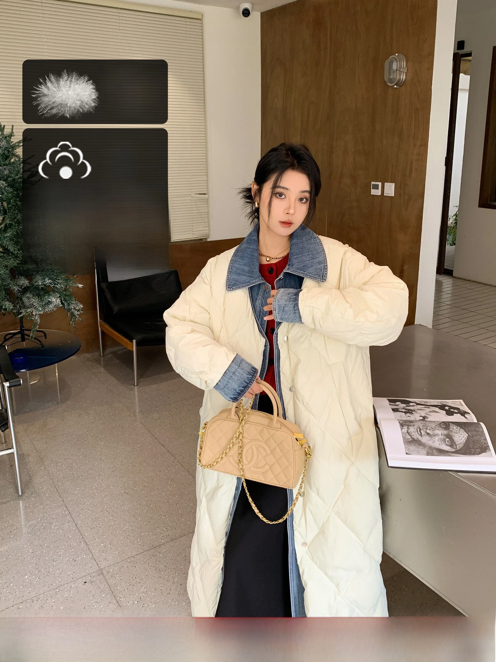 

Женское длинное белое пальто с ромбовидным узором, корейский стиль, джинсовая вставка, 90% белое пуховое, теплый, больших размеров