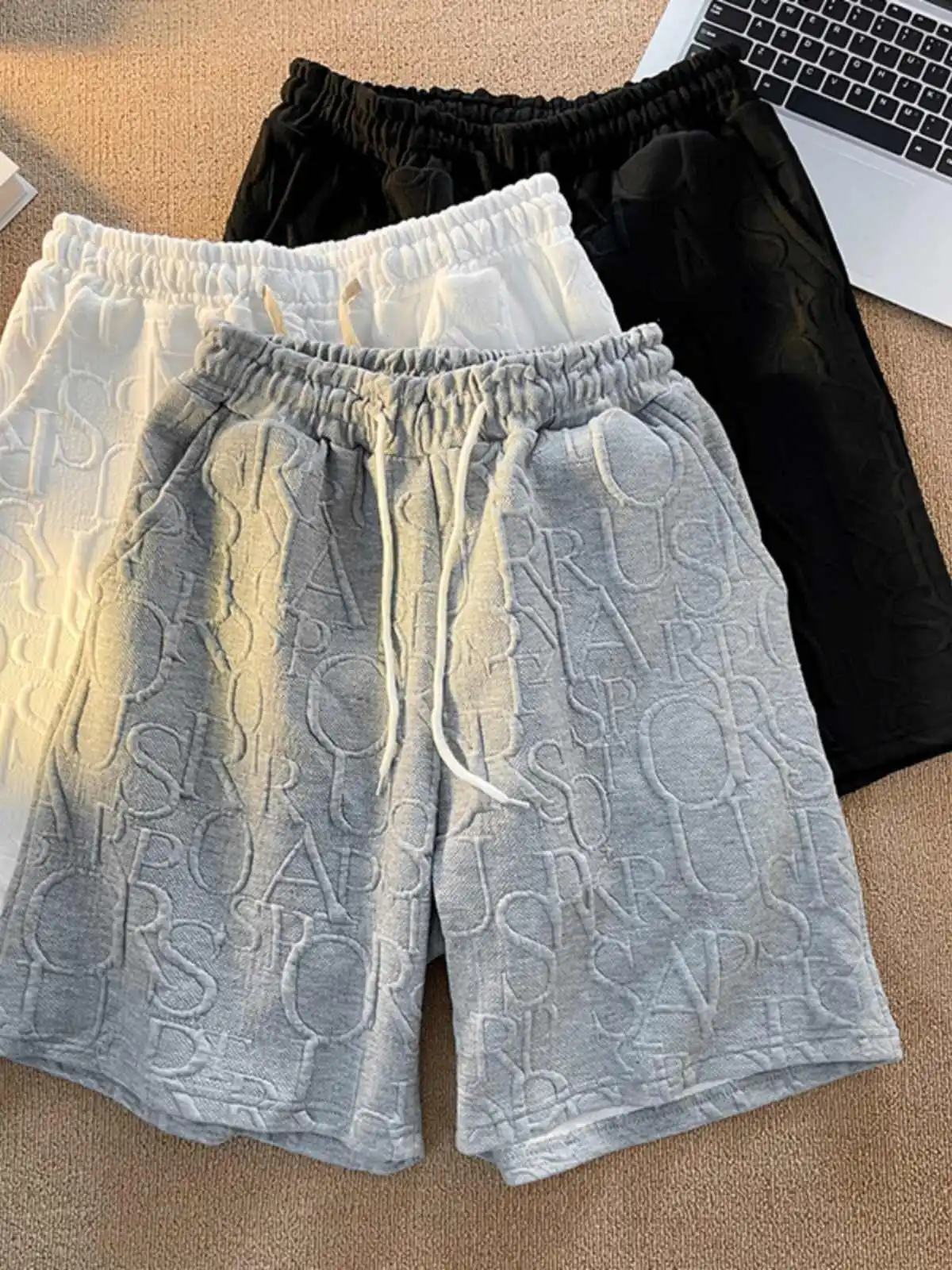 Summer Men Waffle Shorts Elastic Waist Letter Printed Knee-length Pants American Casual Fashion Loose Male shorts