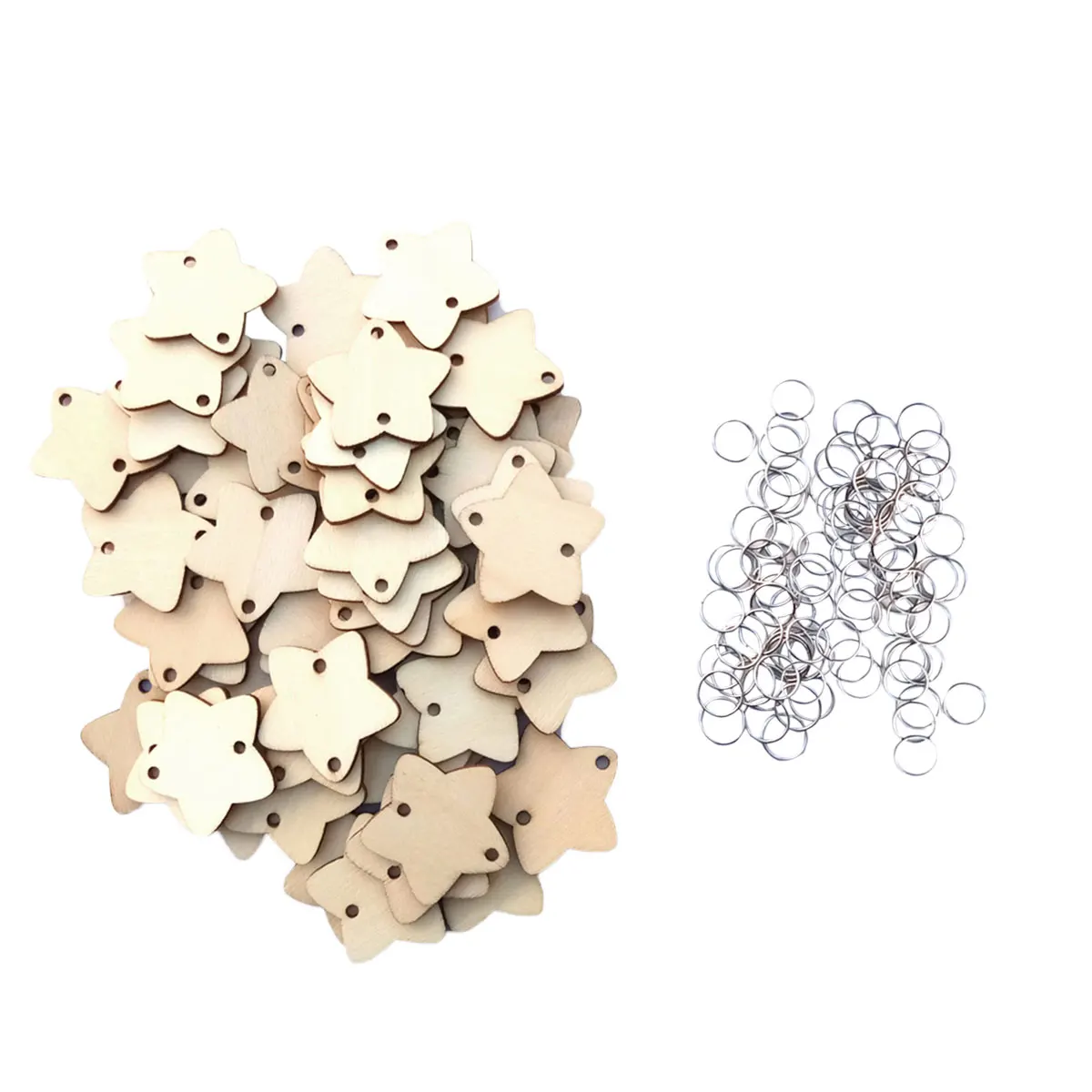 

100pcs Star Wood Piece Wire Ring Set Photo Prop DIY Creative Decor Wood Piece Hanging Drop for Birthday Festival Party ( St