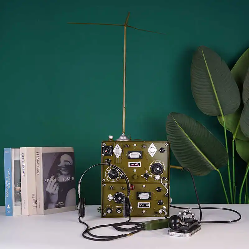 Retro iron decorative transmitter sculpture inspired by vintage wartime aesthetics handmade for living room display featuring fl