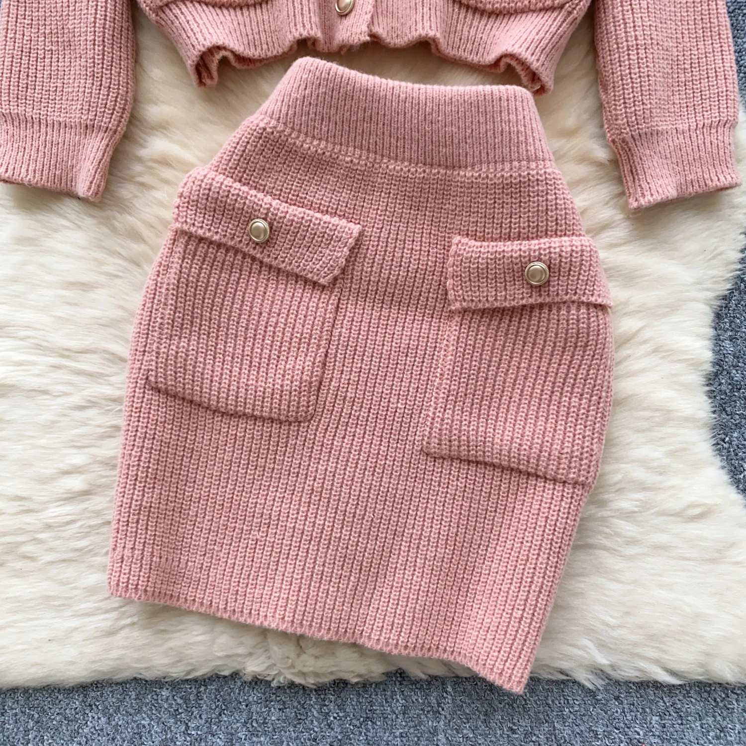 Ladies Knitted Two Pieces Suits Long Sleeves Cardigan Sweater+High Waist Mini Skirt Female Warm Autumn Winter Sweater Knit Set