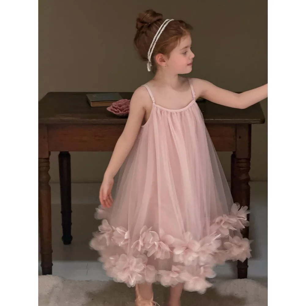 2026 Summer Korean Style 1-12Y Girls Dress, 3D Floral Pink Strap Tulle Princess Sundress  for 90-150cm