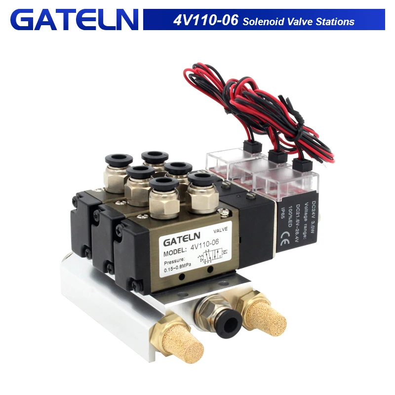 

4V110-06 DC24V 12V AC220V AC110V 2 Positions 5 Way Quadruple Solenoid Valve Aluminum Base Fitting Mufflers Set 3 4 5 6 Stations