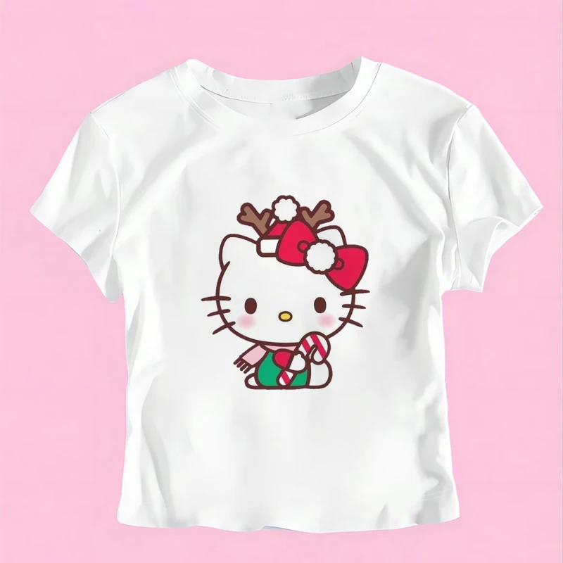 Hello Kitty Print Short Sleeve T-Shirt 2000s Aesthetic Summer Slim Baby Tee Streetwear Harajuku Cute Women Crop Top Y2K Clothes image 3