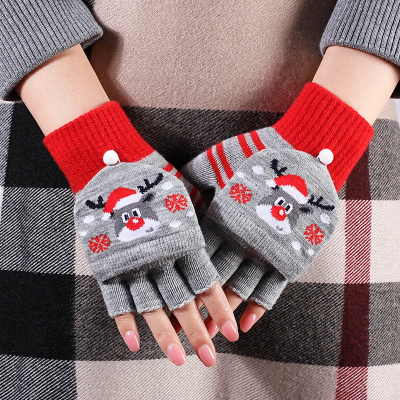 

Christmas Half Finger Gloves Knitted Flip Top Gloves Cartoon Elk Santa Claus Pattern Glove Outdoor Thick Warm Fingerless Mittens