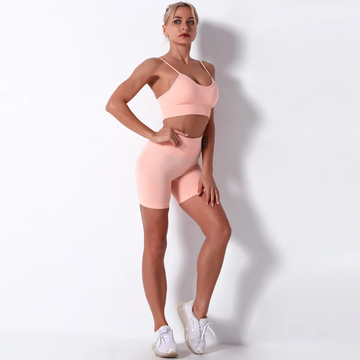 Conjunto de Yoga y gimnasio para mujer, ropa deportiva sin costuras, Sujetador deportivo con tirantes Sexy, traje de Fitness, 2 piezas