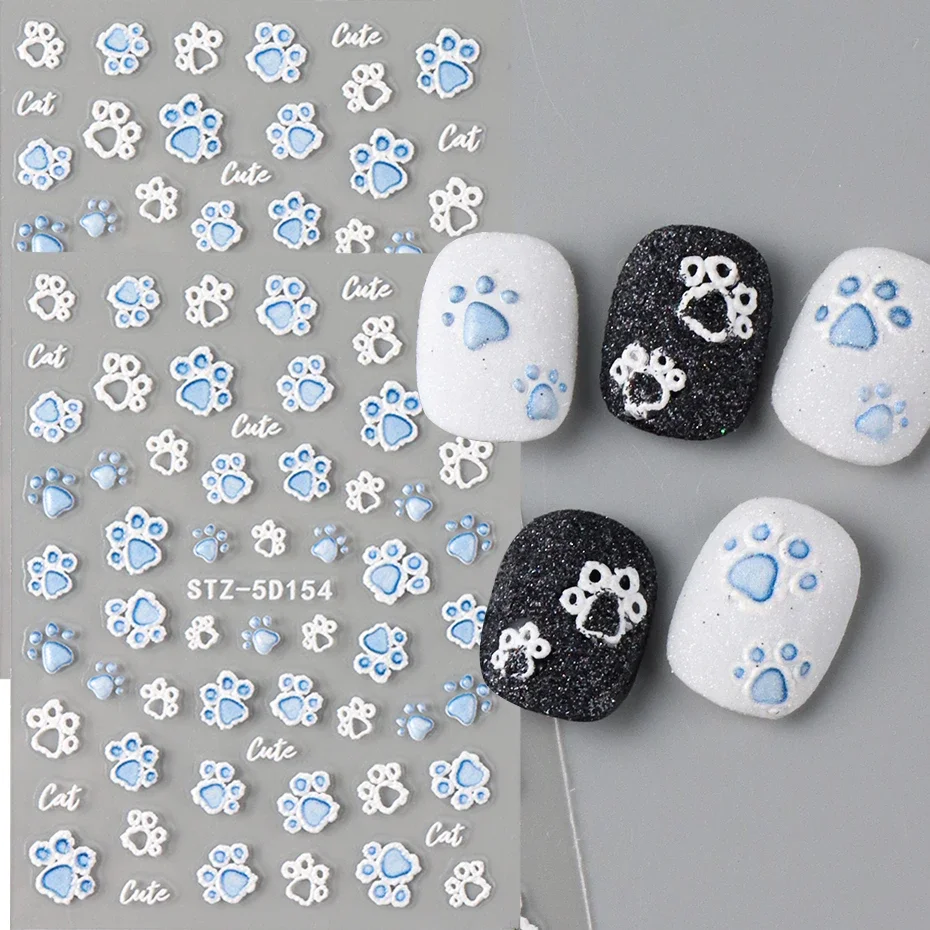 2pcs Cute Blue White Cat Footprints Nail Art Sticker Cartoon DIY Self-Adhesive Decals Sliders Decorations Manicure Accessories