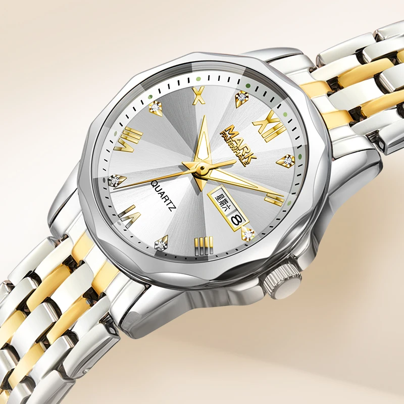 

Mark Fairwhale FW-3030 Luxury Two-Tone Stainless Steel Women's Watch with Date & Day Display 3ATM Waterproof