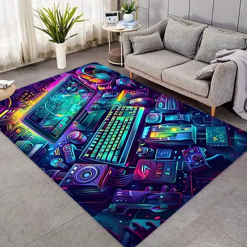 Cyberpunk Gaming Rug Flannel Carpet Esports Keyboard Mouse Neon Area Rug Non-slip Floor Mat for Bedroom Living Room Decor