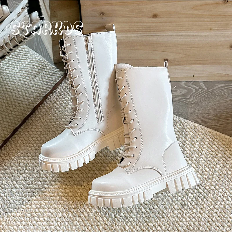 

Классические сапоги до колена на шнуровке для девочек, осенние рыцарские сапоги на толстой подошве с боковой молнией, детские брендовые дизайнерские сапоги на платформе с круглым носком