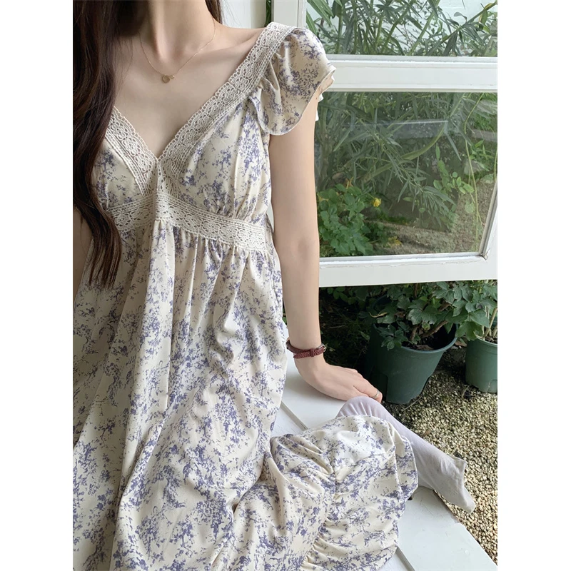 Floral Pajama Sets Nightdress Women Lace Sweet Flying Sleeve Princess Homewear Daily Summer Fashion Chic Temperament Style