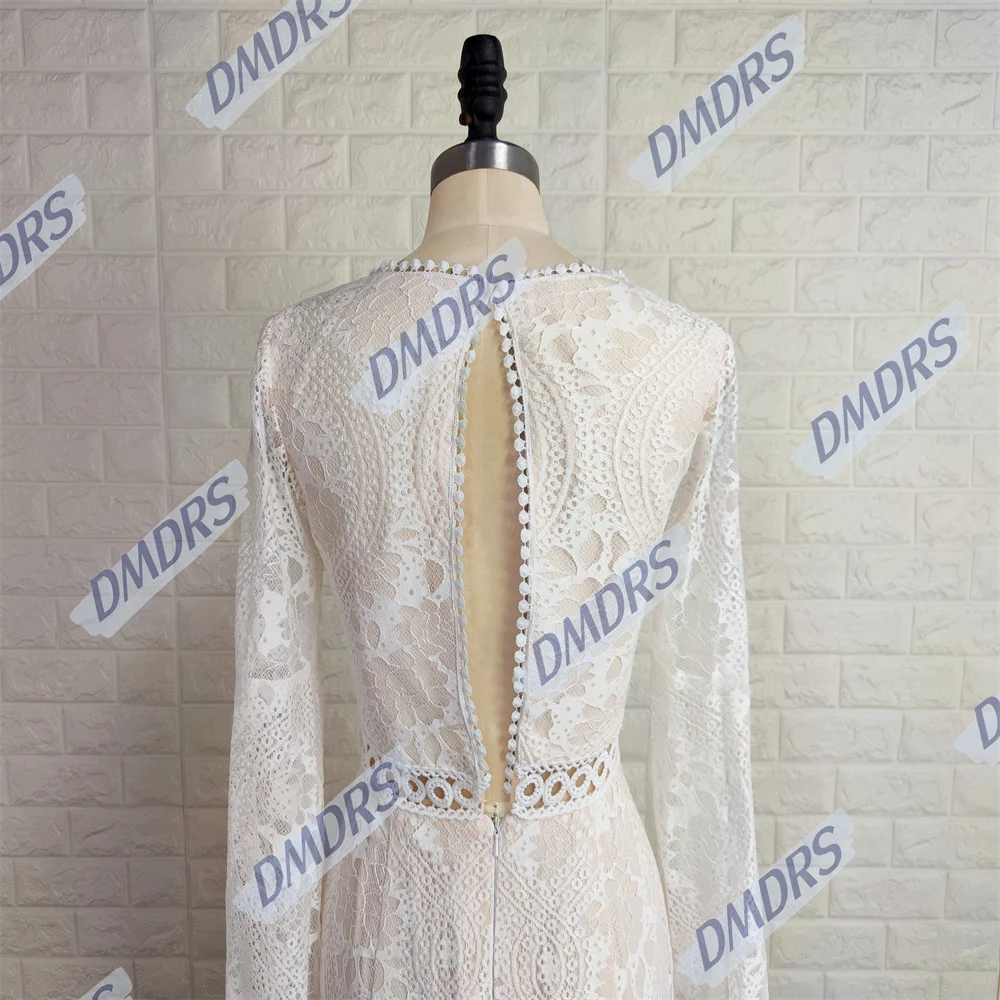 Klassieke Flare Mouw Lange Mouw Bruid Gewaad Sexy Diepe V-Hals Bruidsjurk Elegante Kanten Lange Trouwjurk Robe De Mariée