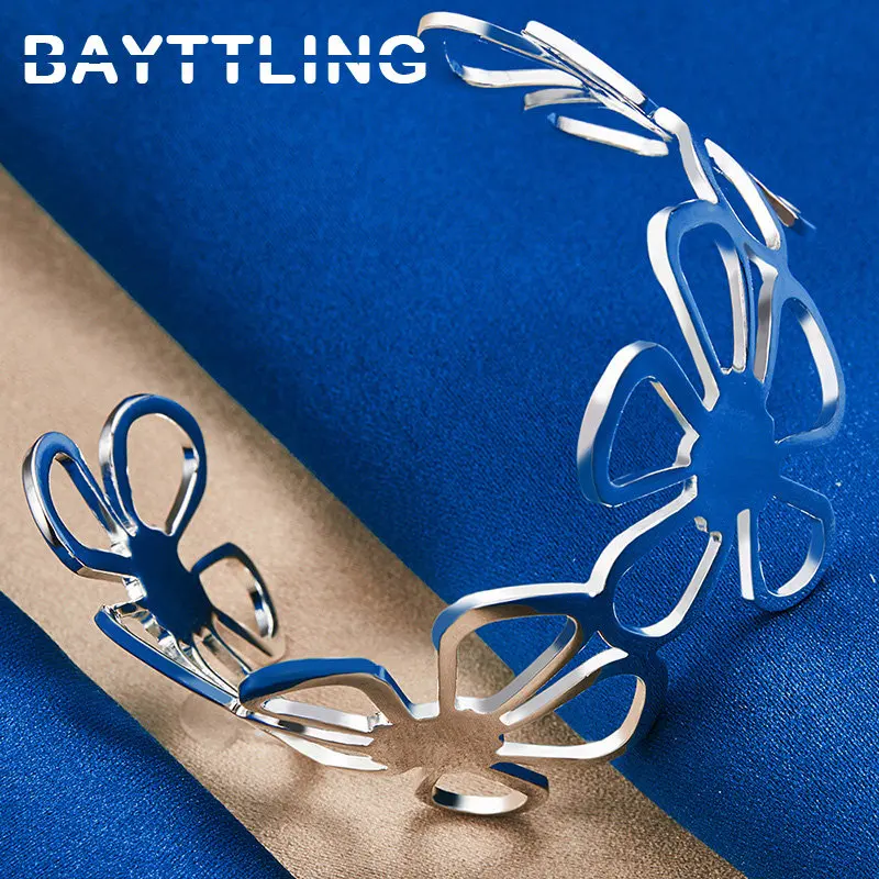 

925 Sterling Silver Exaggerated Flowers Bangle Bracelet For Women Fashion Charm Party Jewelry Personality Gifts Accessories