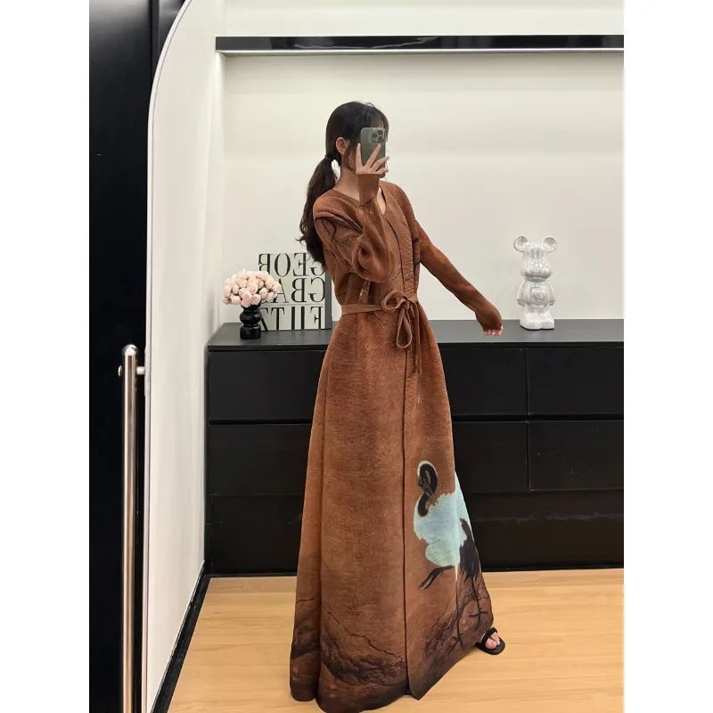 

KAF женский винтажный кардиган с принтом Абая, дизайн галстука, свободный большой размер, модное повседневное элегантное длинное платье, женская праздничная одежда