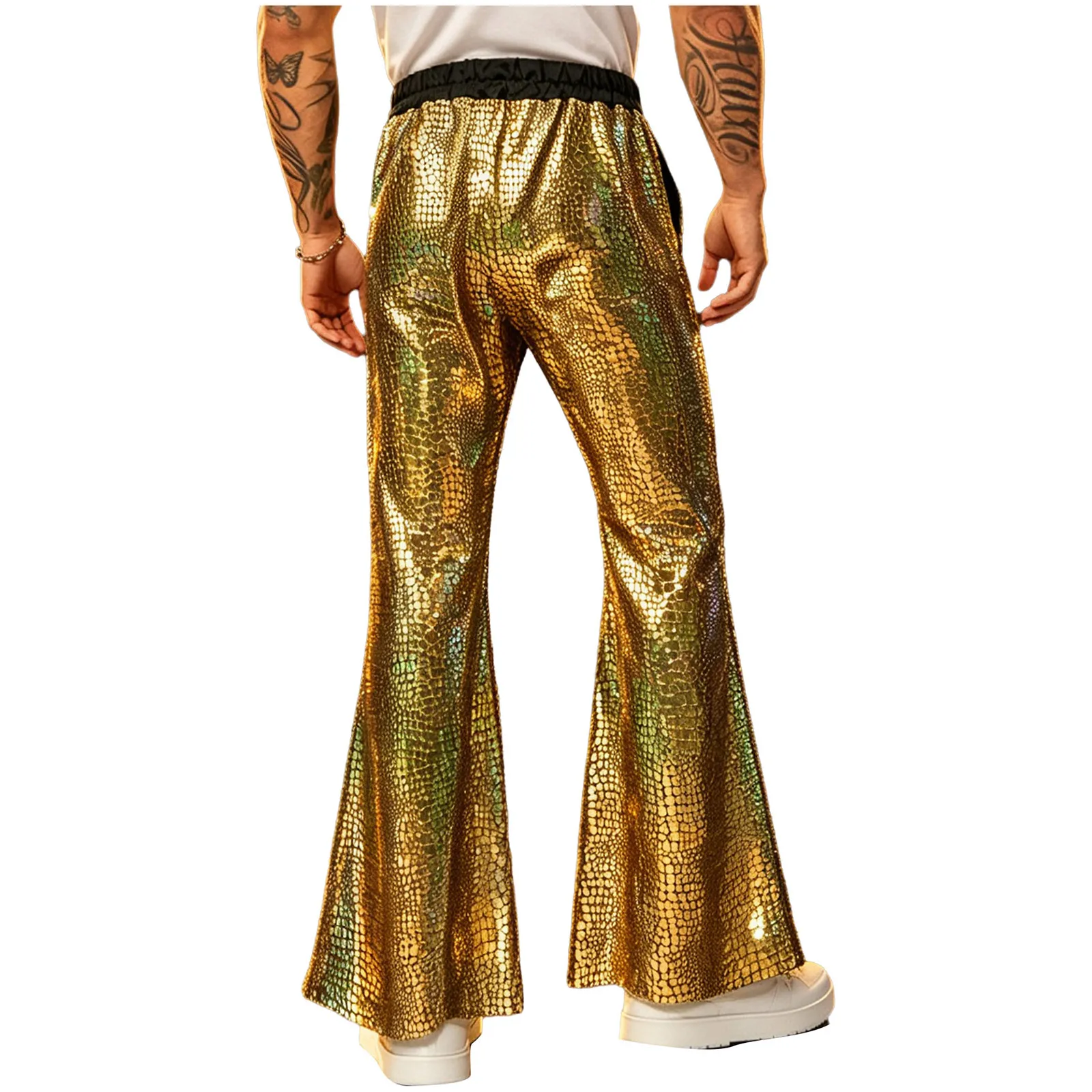 Mens 70s 80s Disco Flared Pants Elastic Waistband Metallic Shiny Spot Print Retro Bell-bottom Trousers for Jazz Dance Nightclub