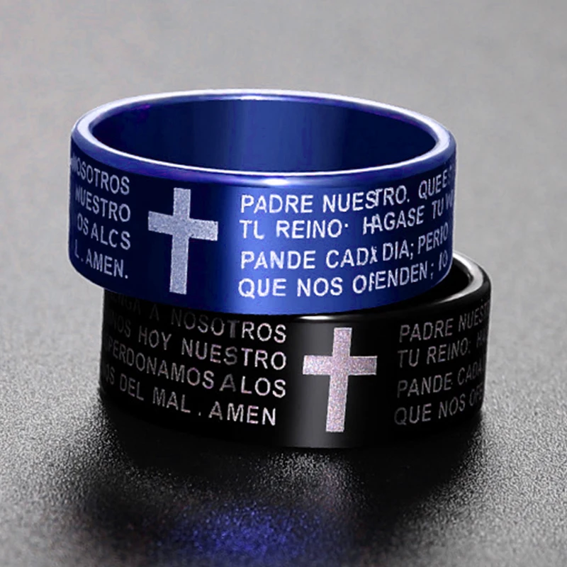 Anillo de acero inoxidable para hombres, joyería de amuleto de 7mm, Color negro, cruz de Jesús, letra, versículo de la Biblia, oración