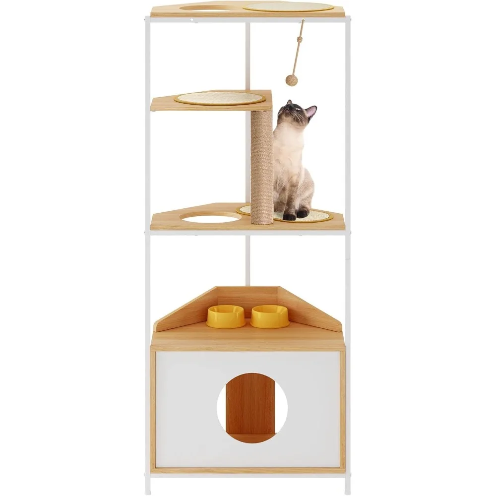 

soges Corner Cat Tower, Cat Tree with Scratching Post, Cat Condo with Feeding Station and Climbing Platforms, Pet Furniture for