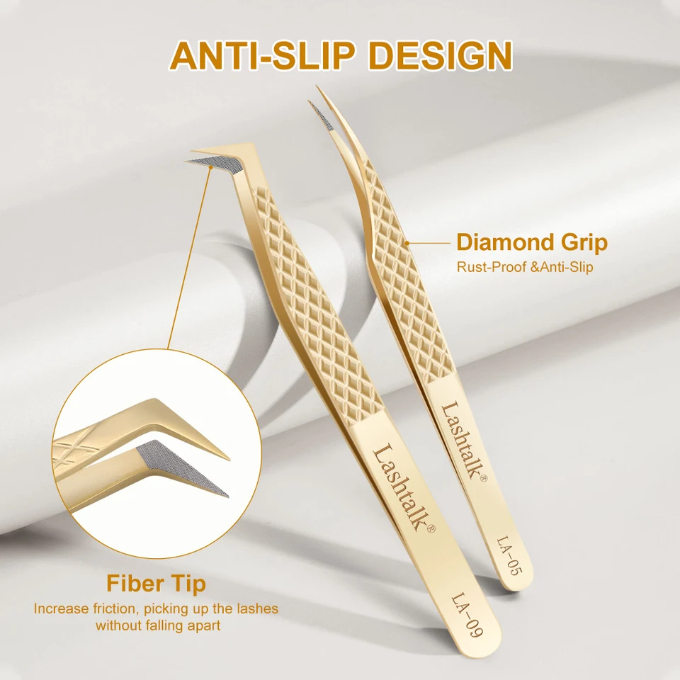 Pinza de punta de fibra de precisión Lashtalk para extensiones de pestañas, agarre de diamante, antideslizante, acero inoxidable dorado premium, de Nagaraku 2