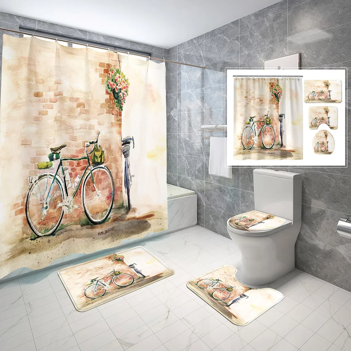 

4 Pcs Flower Bicycle Shower Curtain Sets with Toilet Lid Cover and Non-slip Bath Mat Girls Style Waterproof Shower Curtain Set