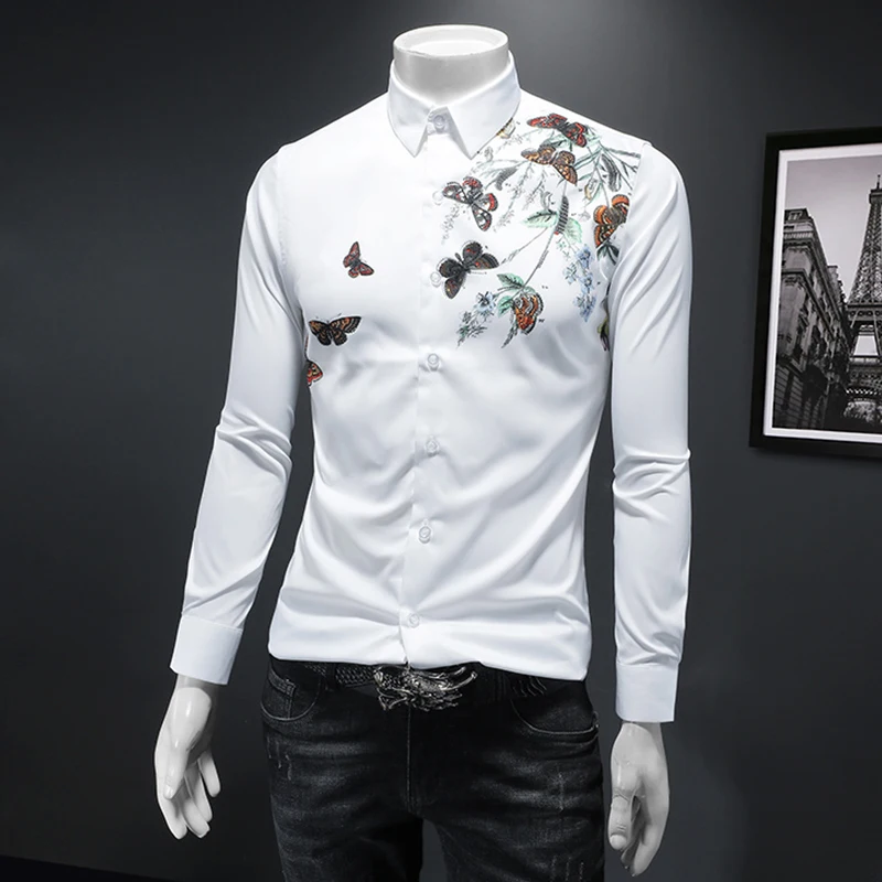 2022 Autumn New Butterfly Diamond-Ironing Print Long Sleeve Shirt Men's Fashion Casual Trendy Social Slim Fit Top