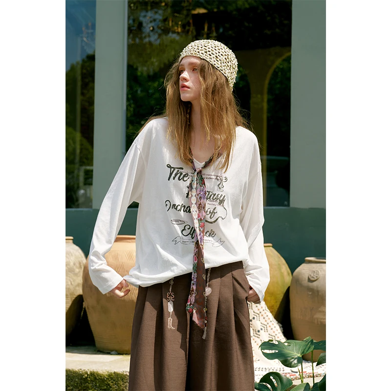 ELFSACK Women's Vintage Long Sleeve T-Shirt with Silk Scarf Tie & Letter Fruit Graphic Print, Loose Fit Lightweight Summer Tee