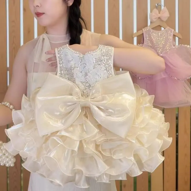 

High Quality Kids Princess Dresses Girls Dress-Bead-sequin-flower hemline Girls Party Costume Children Birthday Party Clothes