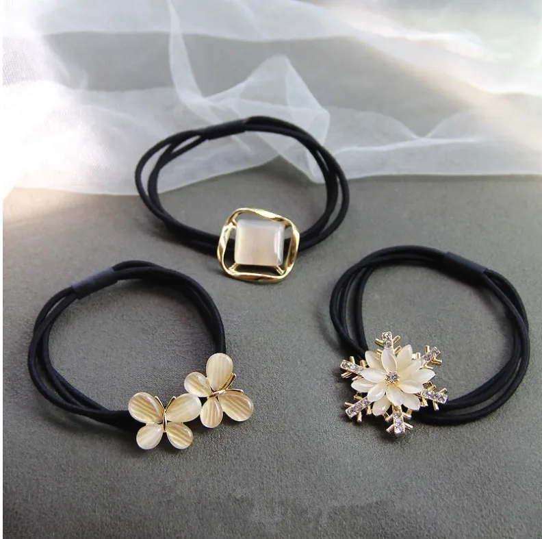 Elegant Opal Stone Bow Scrunchies For Women Elastic Hair Rubber Bands Tie Hair Ring Rope Snowflake Headwear Hair Accessories