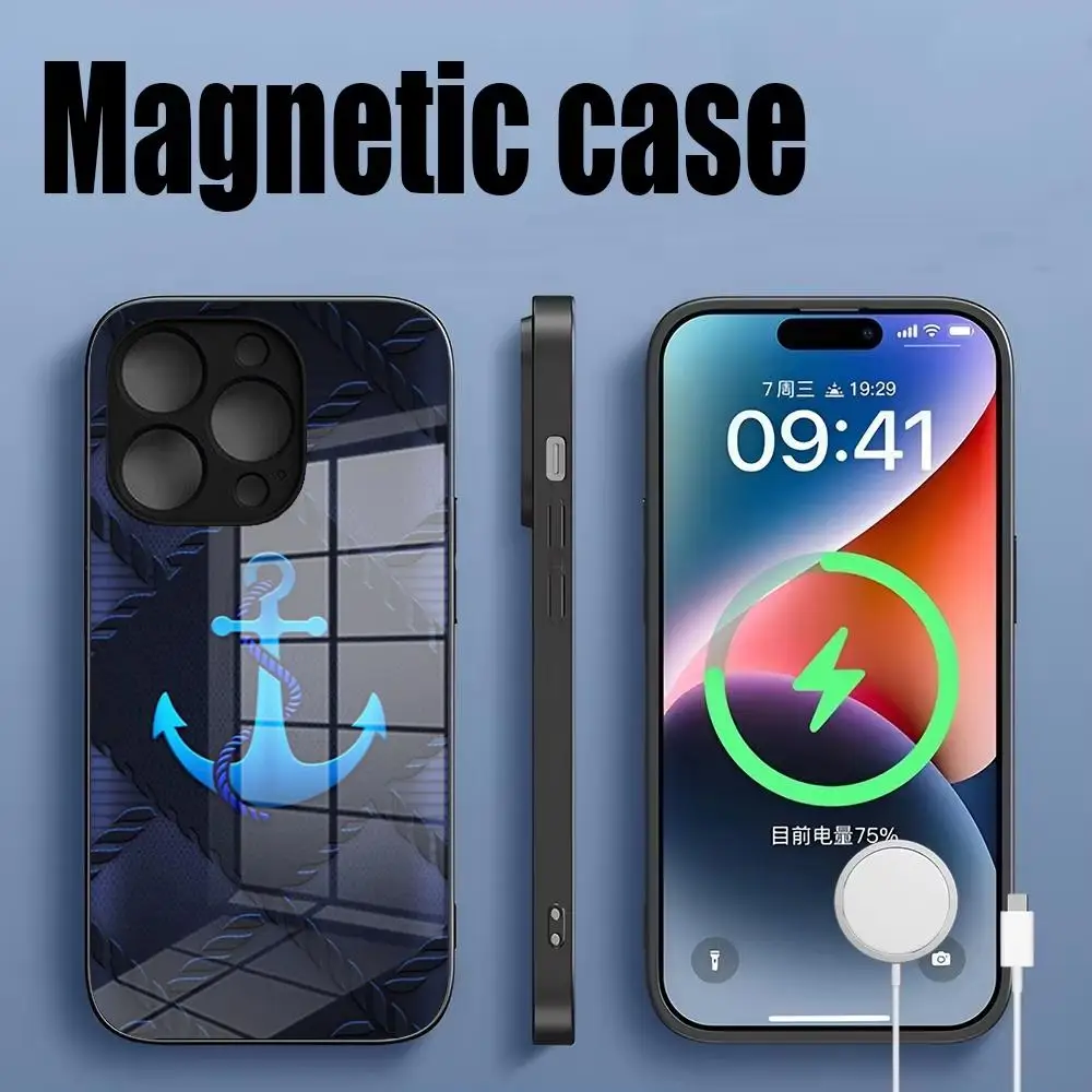 

Anchor Nautical Sailor Sailing Phone Case Tempered Glass For IPhone 16 15 14 13 12 11 Pro Max Plus Magnetic charging phone case