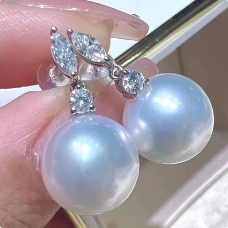 Designer oversized AAAAA 11-12mm South Sea round White Pearl Earrings 925S Sterling Silver Post Back Jewelry