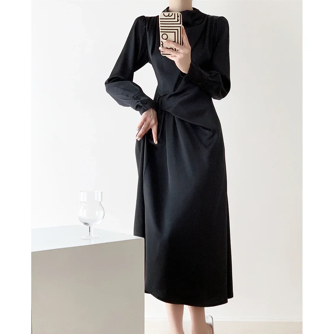 

French Black Long Sleeve Dress Irregular Waist Acetic 2024 Autumn Artistic Midi Dresses