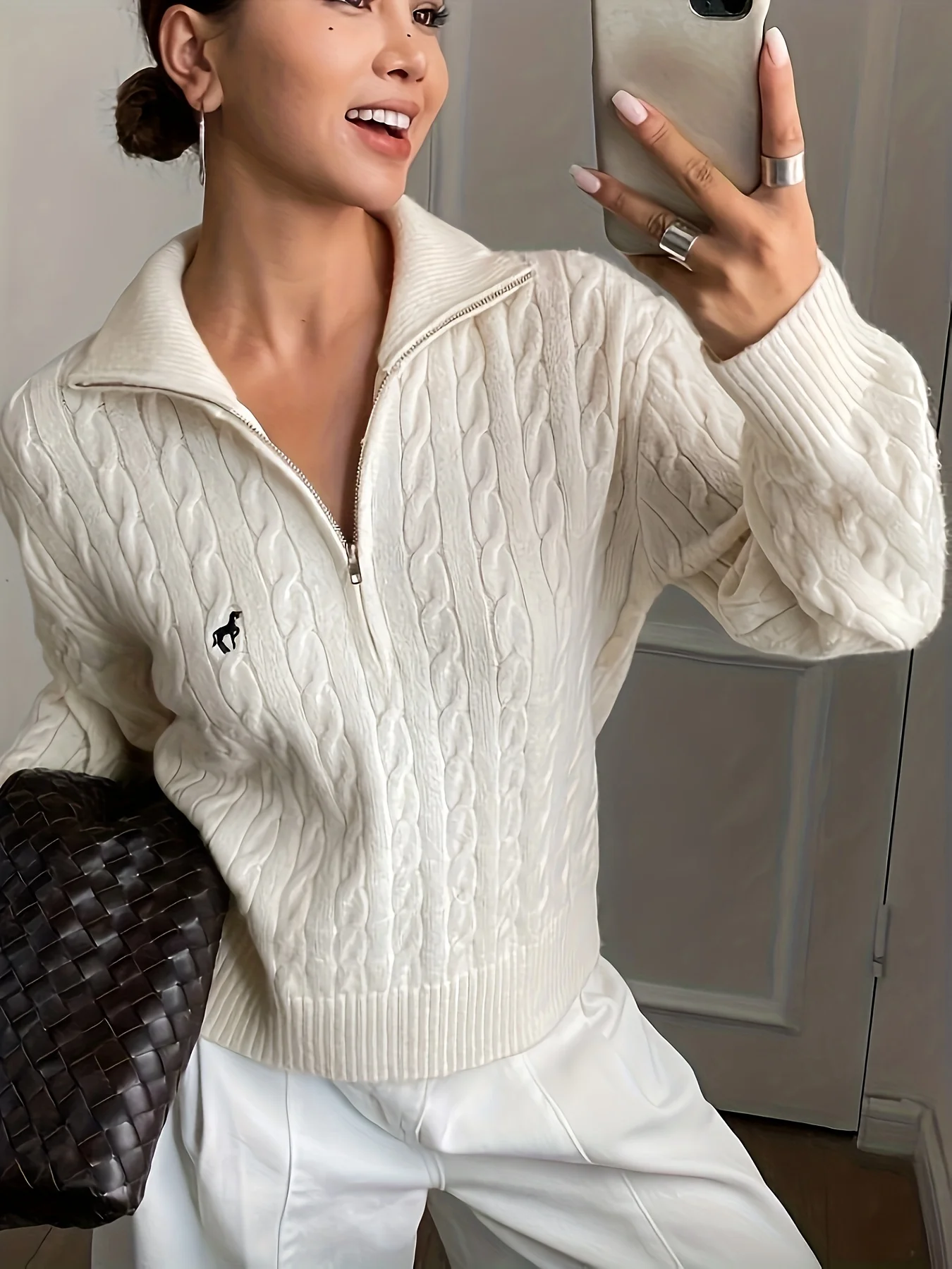 European and American fashion solid color cable knit half-zip sweater, versatile and slimming pullover top