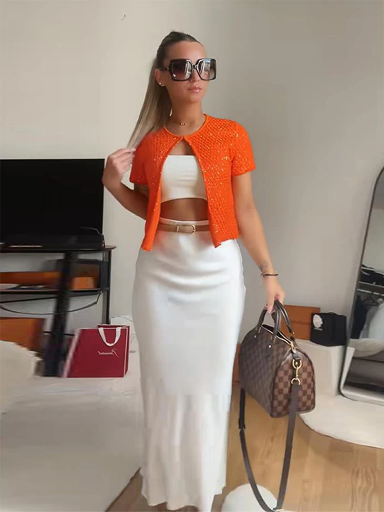 حار برتقالي مشرق الحرير سترة مشغولة من الصوف للنساء أنيقة قصيرة الأكمام شيك اقتصاص سترة الإناث Y2K عادية 2 قطع تريكو #6