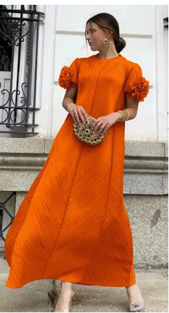 

Factory Direct Miyake Ruffle Heavy Industry Flower Plate Flower Geometric Pressed Pleated Dress Maxi Dresses for Women