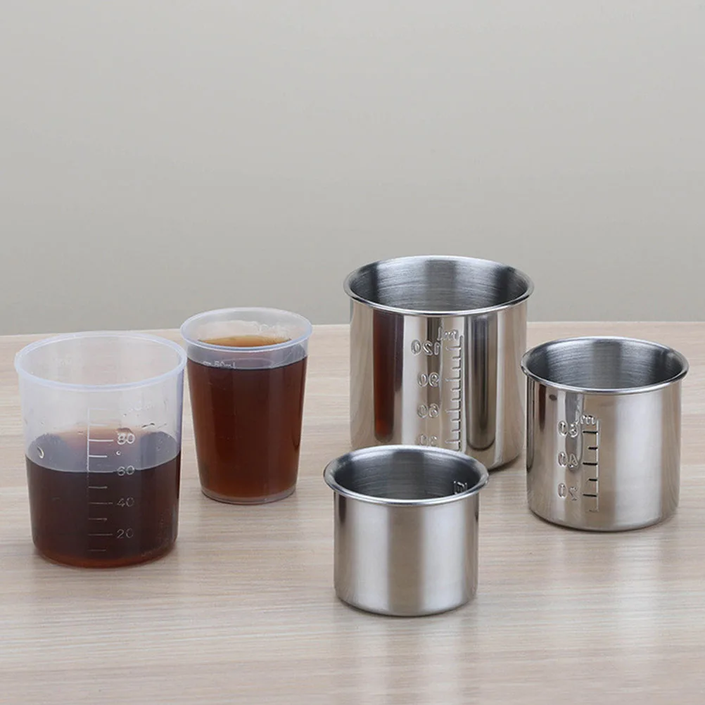 

10 Pcs 304 Stainless Steel Medicine Cup Measuring Scale Sample Collection Laboratory Transparent Silver Metal Beaker