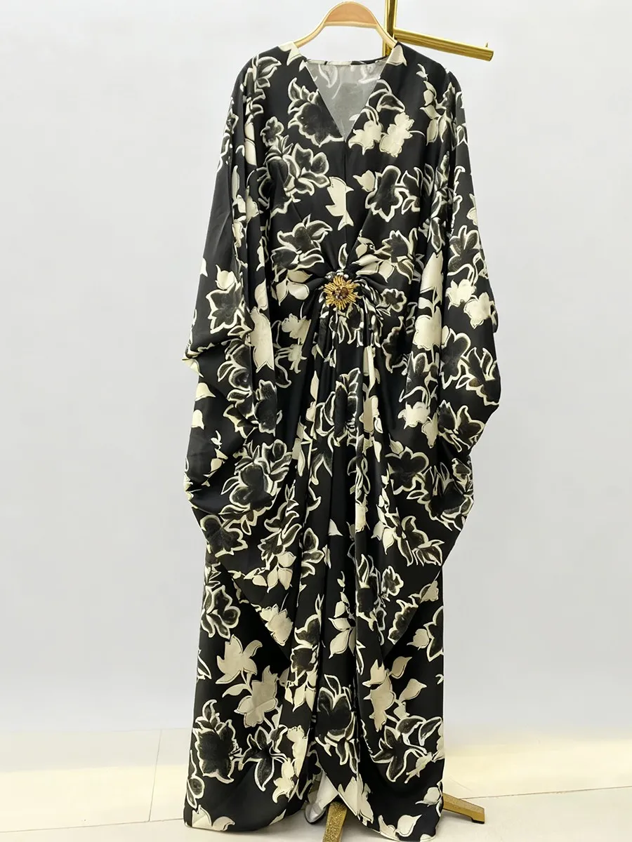 TWOTWINSTYLE Afdrukken Gesplitste Plooien Temperament Jurken voor Vrouwen V-hals Halve Mouwen Patchwork Lovertjes Lange Jurk Vrouwelijke Nieuwe