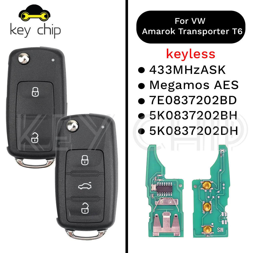 

Remote Key For VW Amarok Transporter T6 2018+ 433mhz 7E0837202BD Keyless Flip 5K0837202BH/5K0837202DH 2019 2020 2021