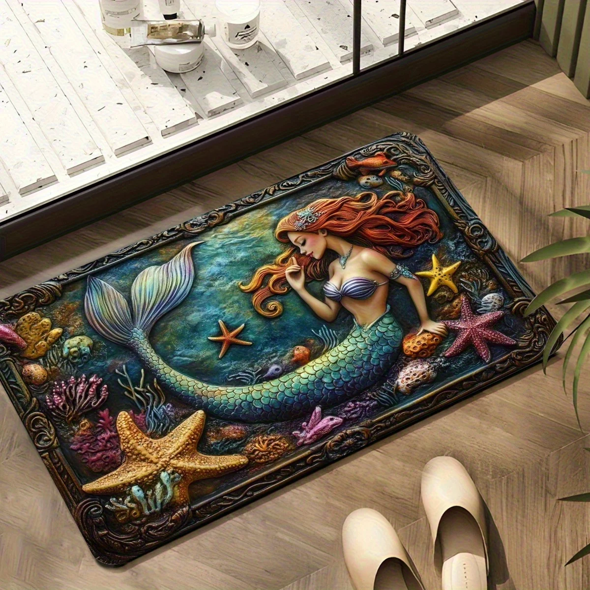 Mermaid Sea Life Bath Mat, Super Absorbent Non-Slip Door Rug, Quick-Dry Ocean Theme Carpet for Bathroom Floor Decor