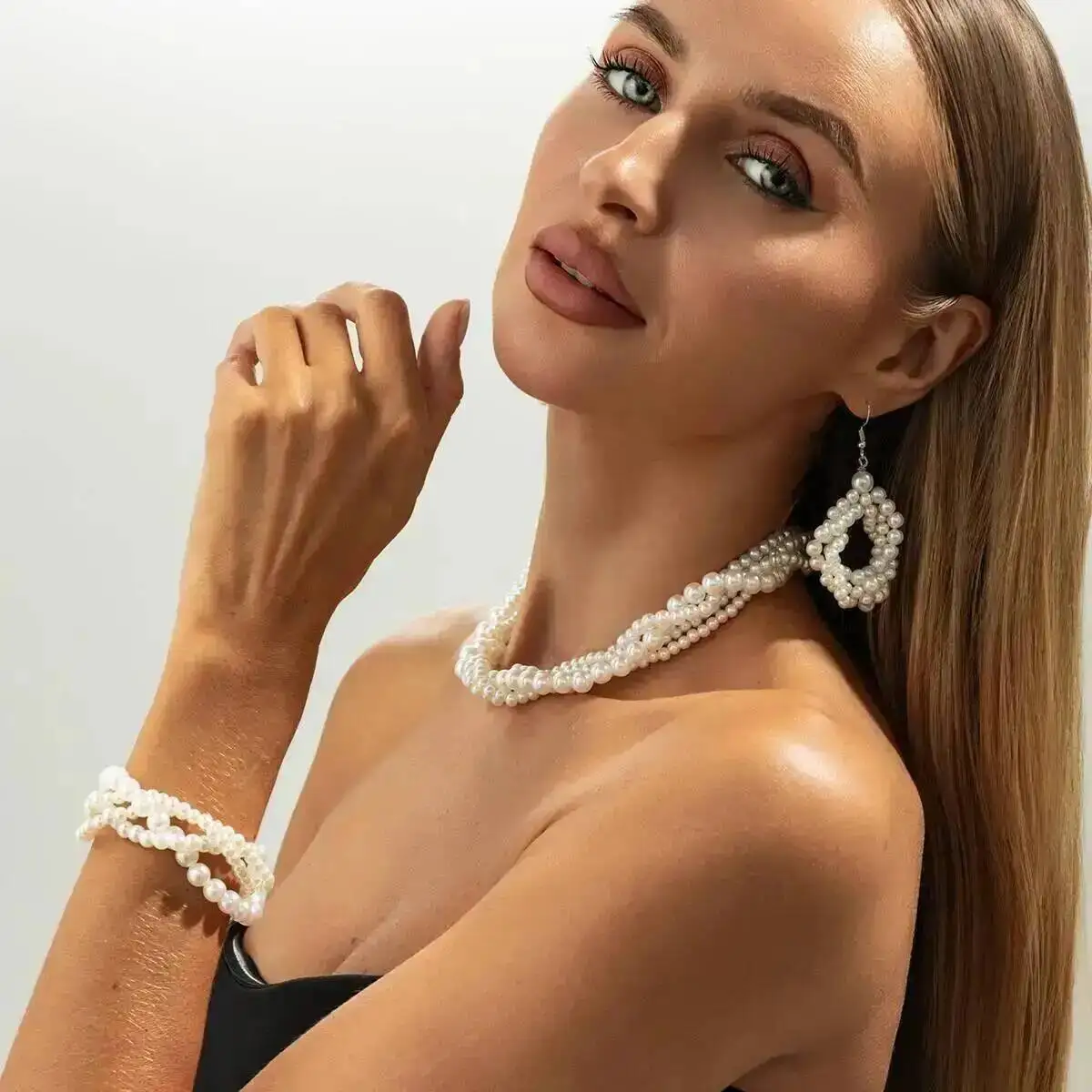 

Salircon Vintage Exquisite Imitation Pearl Necklace Bracelet Drop Earring Set Women Elegant Twist Choker Wedding Bride Jewelry