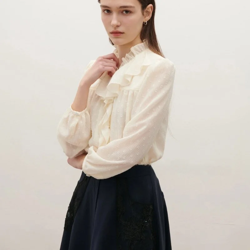 

Korean Style Commute Floral Top Ear Mushroom Collar Splice Slimming Shirt Women's Long Sleeve Button Pure Color