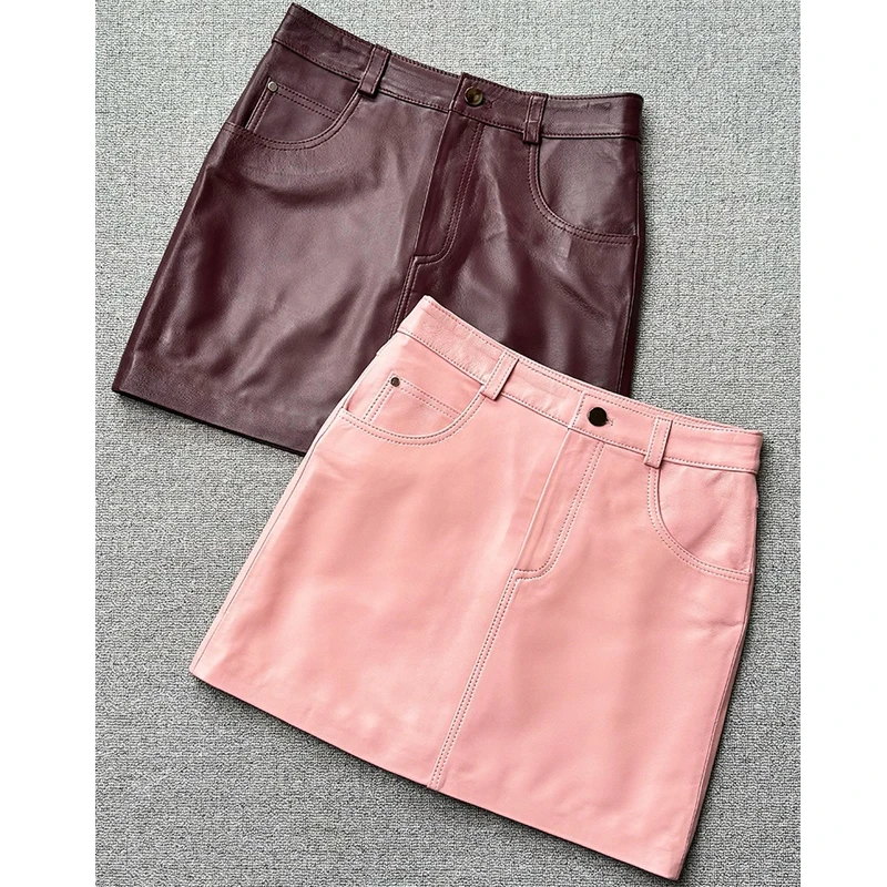 M-4XL Women's Real Leather A-line Short Skirts Fashion High Street Female High Waist Slim-fit Sheepskin Package Hip Mini Skirts