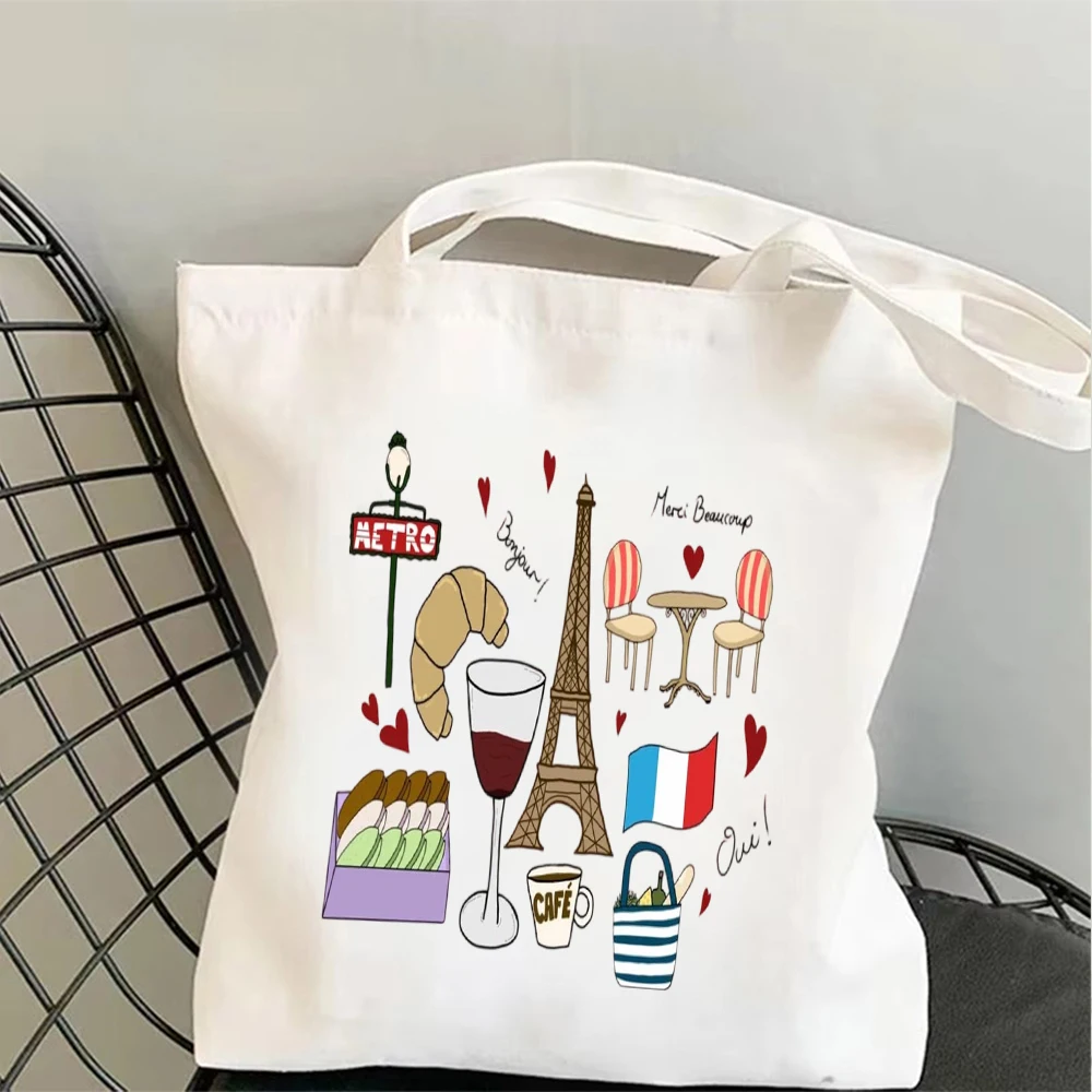 Canvas Tote Bag Paris Landmark Doodle Eiffel Tower Arc Triomphe Print Handbag for Travel Lover Daily Casual Shopping Bag