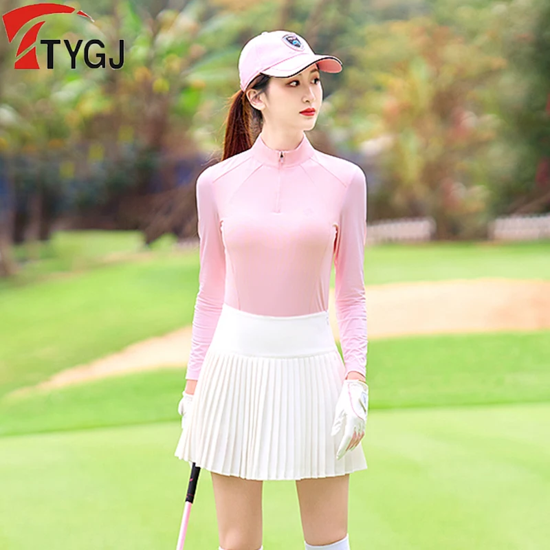 TTYGJ 2024 Women Golf Wear Long Sleeve Sunscreen Top Ice Silk Cooling Gym Shirts Lady Yoga Fitness Sport Colthing Zipper Collar