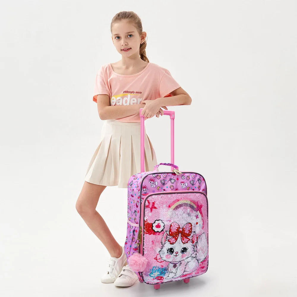 

Rolling Wheels Suitcase, Cute Cartoon Little Cat Sequin Design Children Travel Carry on Suitcase,18 inch , Red and Pink