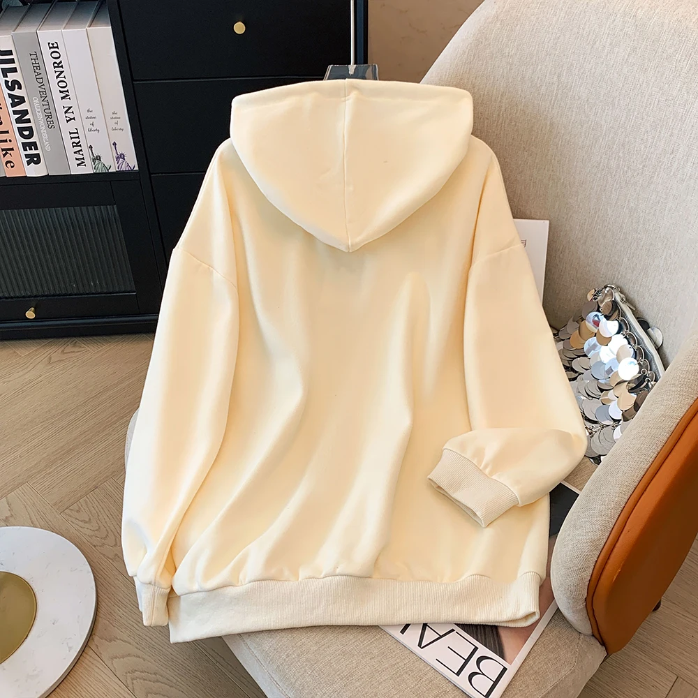 Plus-size women\'s autumn leisure commute loose and comfortable hoodie apricot butterfly print hooded drawstring long-sleeved top