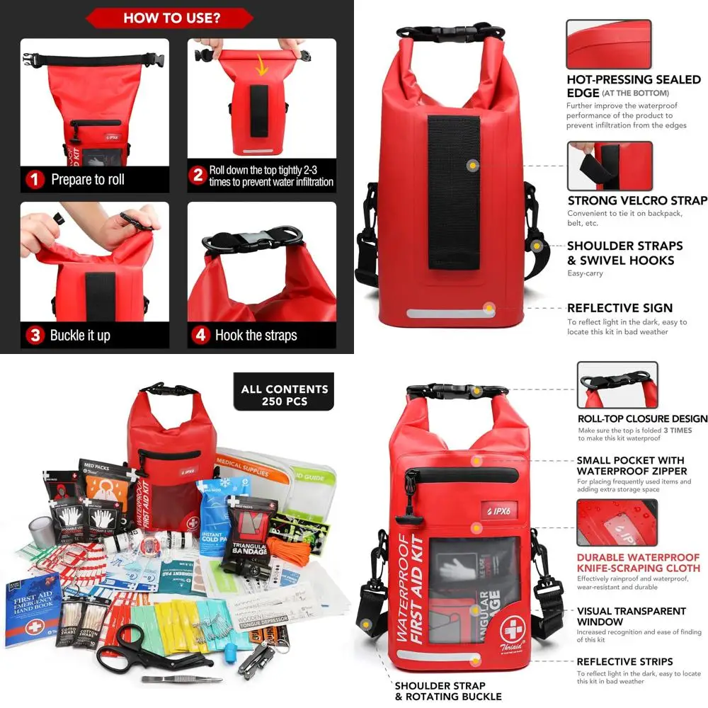 

250 PCS Waterproof First Aid Kit, Roll Top Reflective Boat Dry Bag Bug Out Bags, Emergency Medical Kit Ideal for Boating, Campin