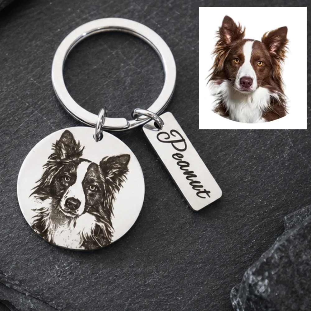 Personalized Animal Portrait Keyring Custom Engrave Pet Photo Keychai Stainless Steel Birthday Gift For Men Women Family Jewelry